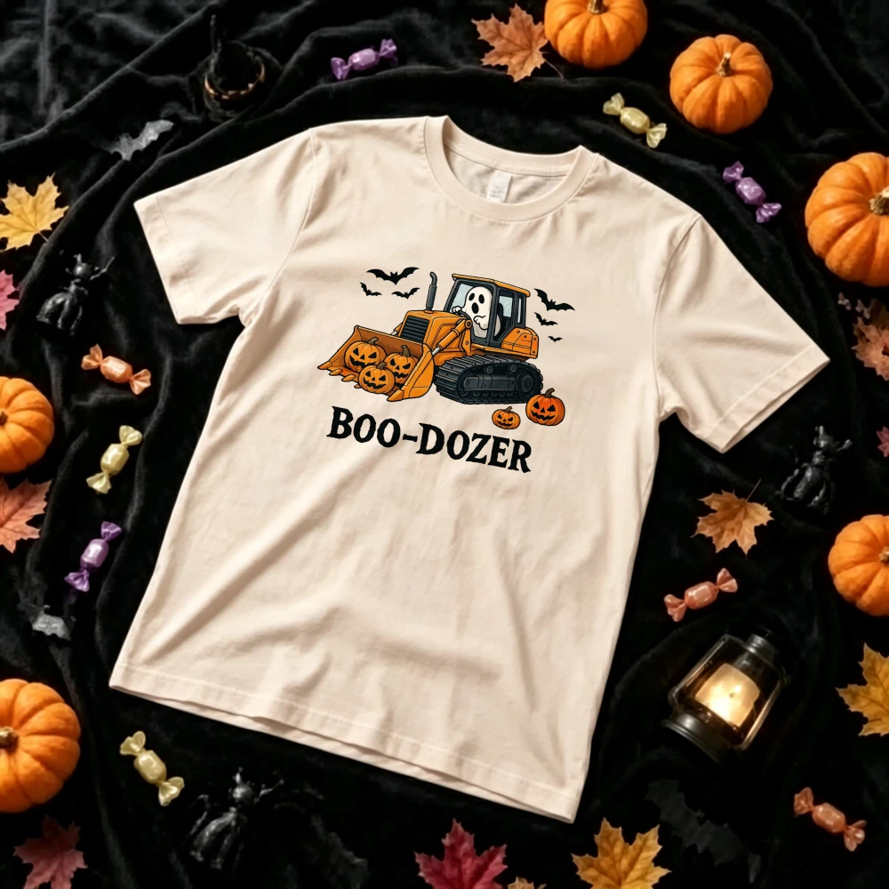 Funny Boo‑Dozer Halloween Ghost Bulldozer Graphic T‑Shirt Cute Ghost Driving Construction Truck Jack‑O‑Lantern Pumpkin Bat Tees