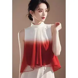 Popular Unique Beautiful Gradient Color Shirt for Women's Summer New French Style Sleeveless Super Fairy Temperament Chiffon Top