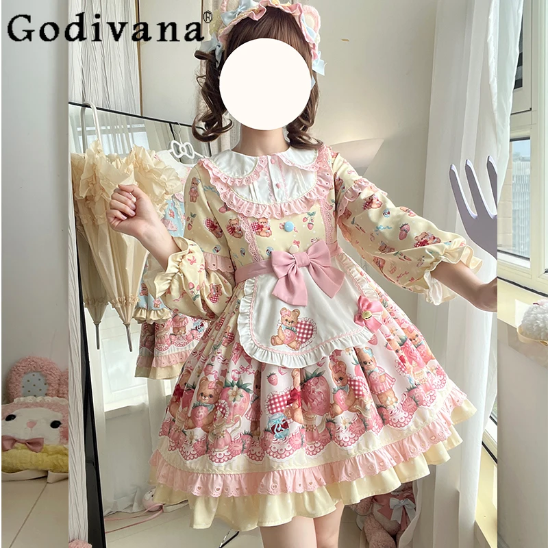 

Japanese Girl's Sweet Lolita Dress OP Autumn New Cute Bow Bear Print Kawaii Long Sleeve Dress Woman's Y2K Lo Birthday Dress