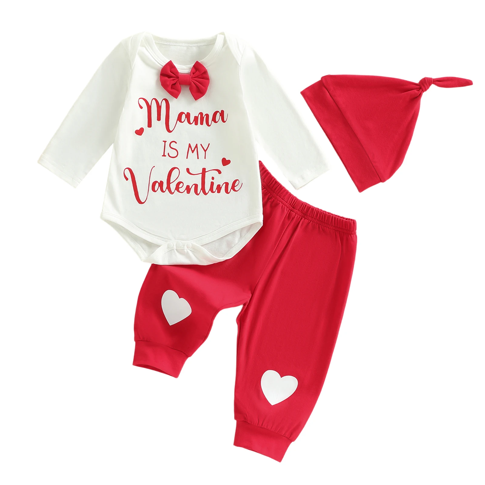 

Baby Boy s Valentines Clothing Sets Fashionable Letters Heart Printed Long Sleeve Romper with Pants Hat 3Pcs Outfits