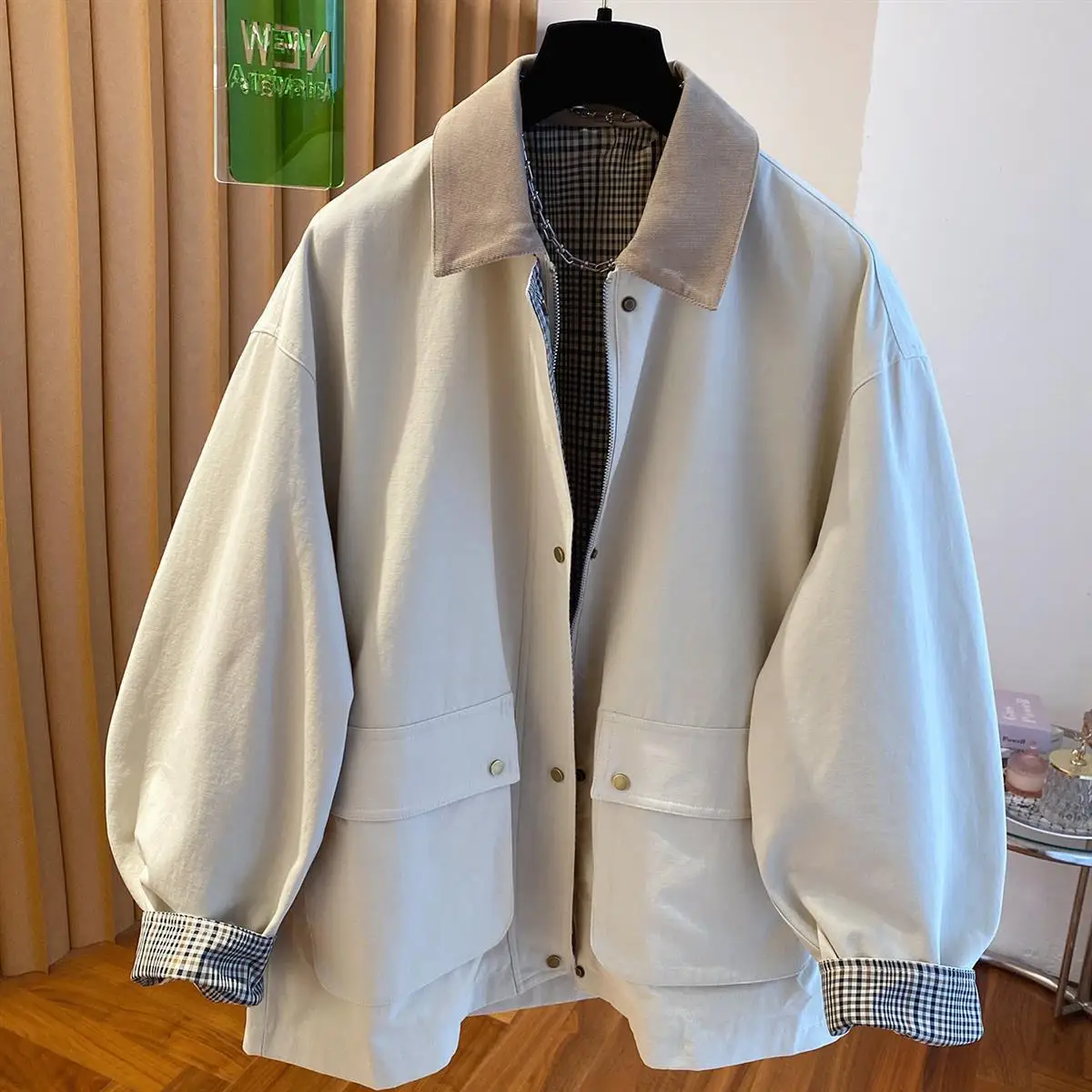 

Новая женская ветровка на весну-осень, оверсайз, с комбинированным воротником, повседневная рабочая куртка