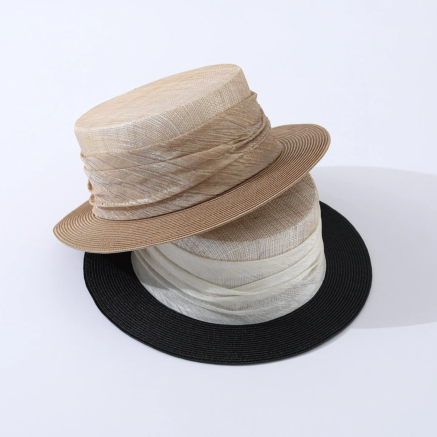 Women Elegant Gold Silver Thread Philippine Linen Spliced PP Straw Flat Cap Fedora Hat