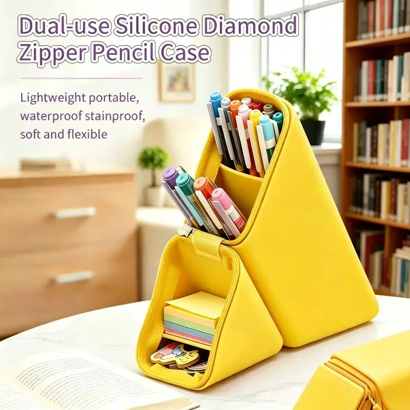 Doppel-Silikon-Federmäppchen mit Reißverschluss, Schreibwarenbox für Schüler, Desktop-Silikon-Doppelzweck-Stifthalter und Stifttasche – Detail 10
