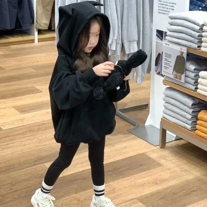 2026 Autumn Girls Black Hoodie Kids Toddler Sweatshirt Casual Pullover Tops