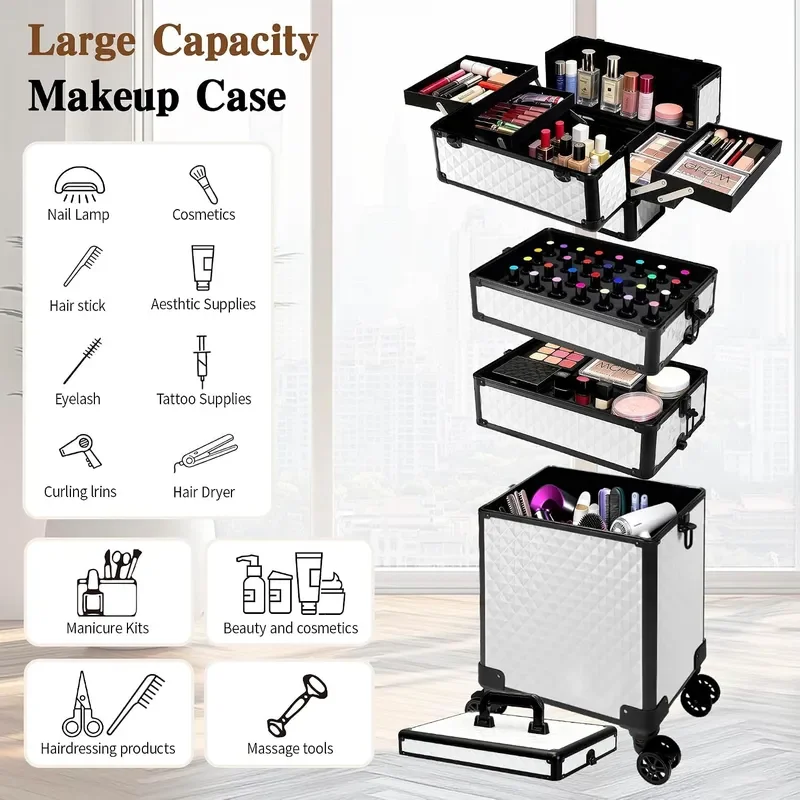5 in 1 Rolling Makeup Train Case on Wheels Large Cosmetic Organizer Travel Cart for Women Beauty Salon Barber Hairstylist