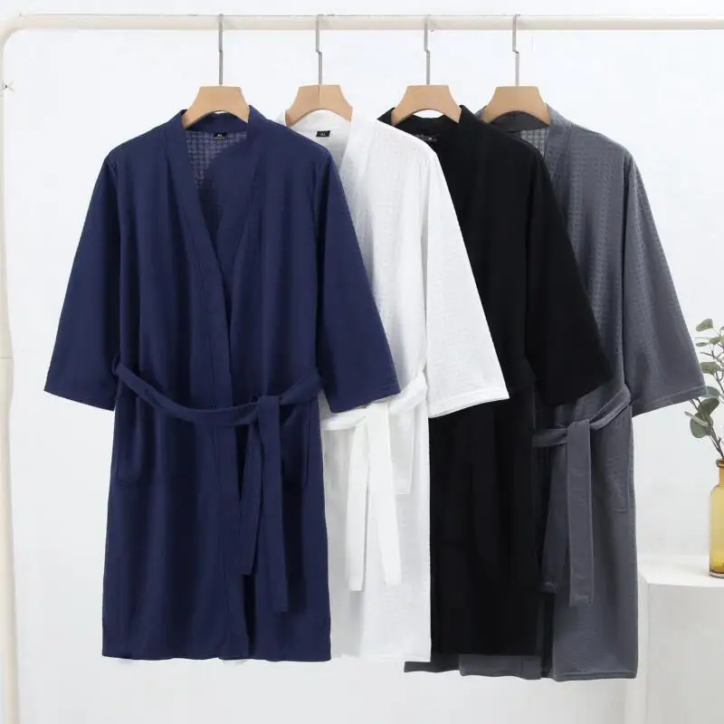 Summer Waffle Weave Quick-Dry Bathrobe Robe Plain Color Couple Homewear Kimono Gown Sleepwear Long Sleeves Loose Comfy Nightwear