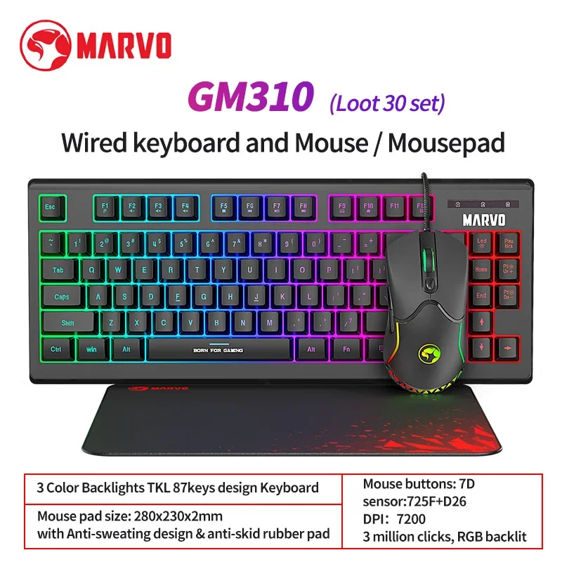 MARVO GM310 Loot 30, набор проводной ковриков для клавиатуры и мыши, эргономичная проводная RGB-подсветка, компьютерная клавиатура, 7200 точек на дюйм, 7 кнопок, мышь