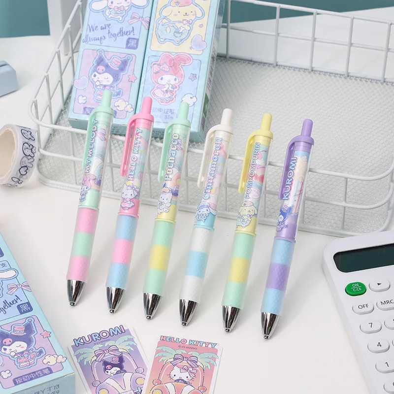 Sanrio Laser Blind Box Press Neutral Pen Hellokitty Mymelody Kuromi Cartoon Student Writing Pen Black 12pcs 0.5mm Wholesale Gift