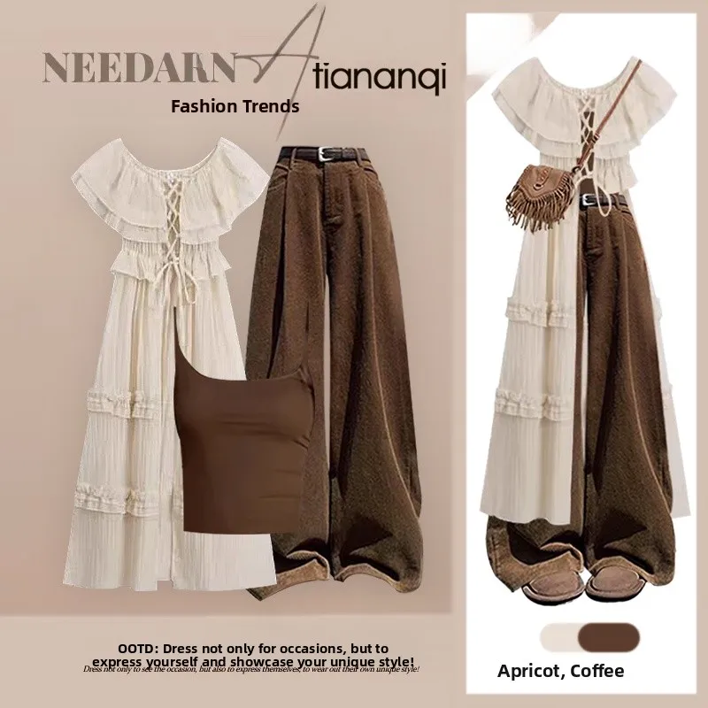 Ensemble t-shirt d'été pour femmes, Vintage, décontracté, pantalon amincissant, bretelles, jupe trapèze, tissu doux et confortable