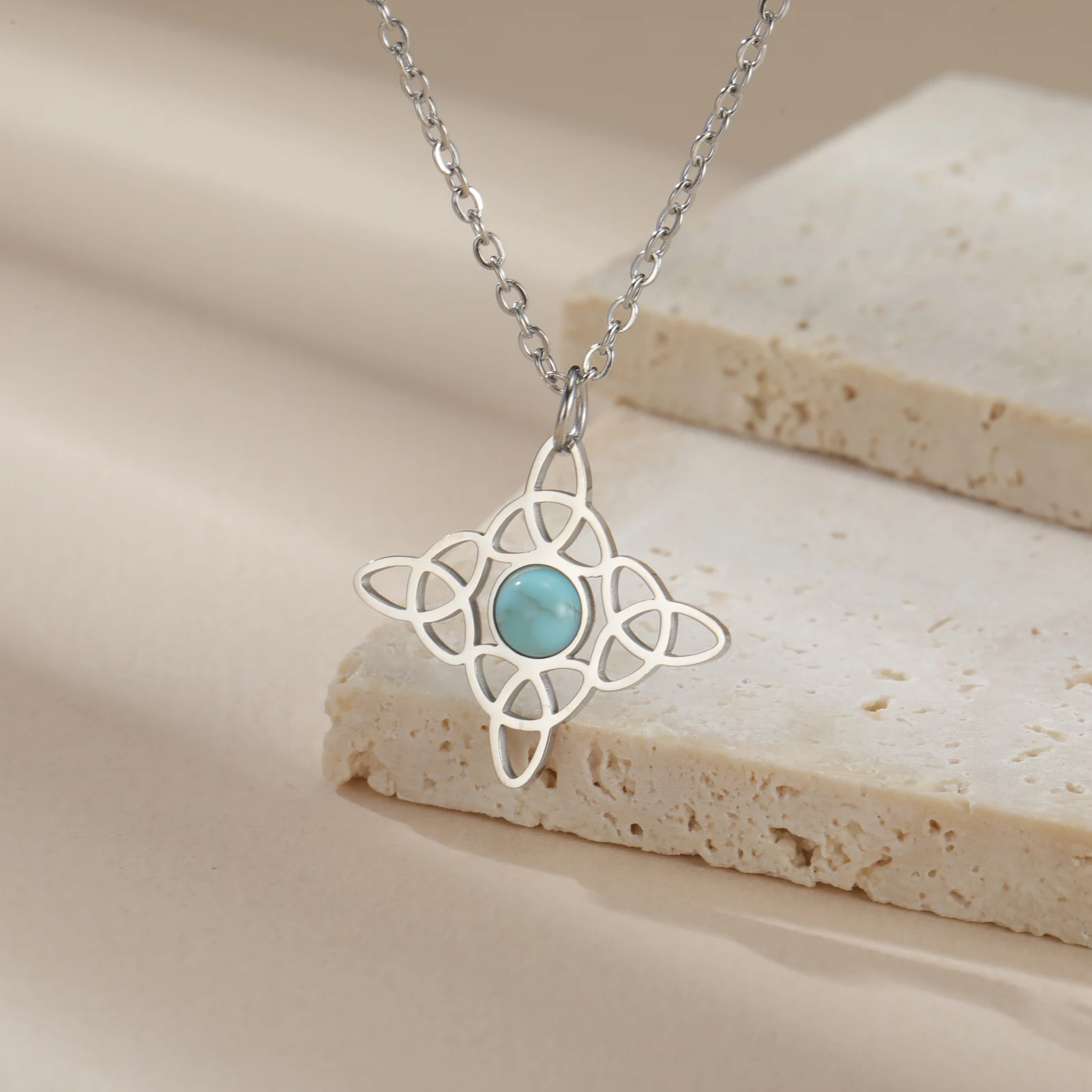 Teamer Irish Celtics Knot with Turquoise Women's Necklace Witch Knot Witchcraft Stainless Steel Necklace Birthday Jewelry Gift