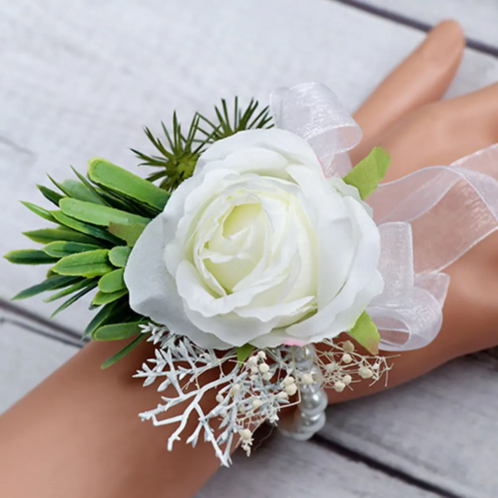 

Wedding Wrist Flower White Green Artificial Bride Ornament Fashionable Elegant for Photos Parties 125 Wrist Flower