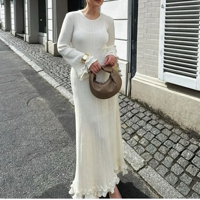 Women White Ruffle Hem Knit Long Dress Elegant O-neck Flare Sleeve Backless Bandage Dresses Evening Party Dresses