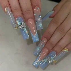 24Pcs Blue Butterfly False Nails Long Ballet with French Design Wearable Fake Nails Glitter Full Cover Press on Nails Tips Art