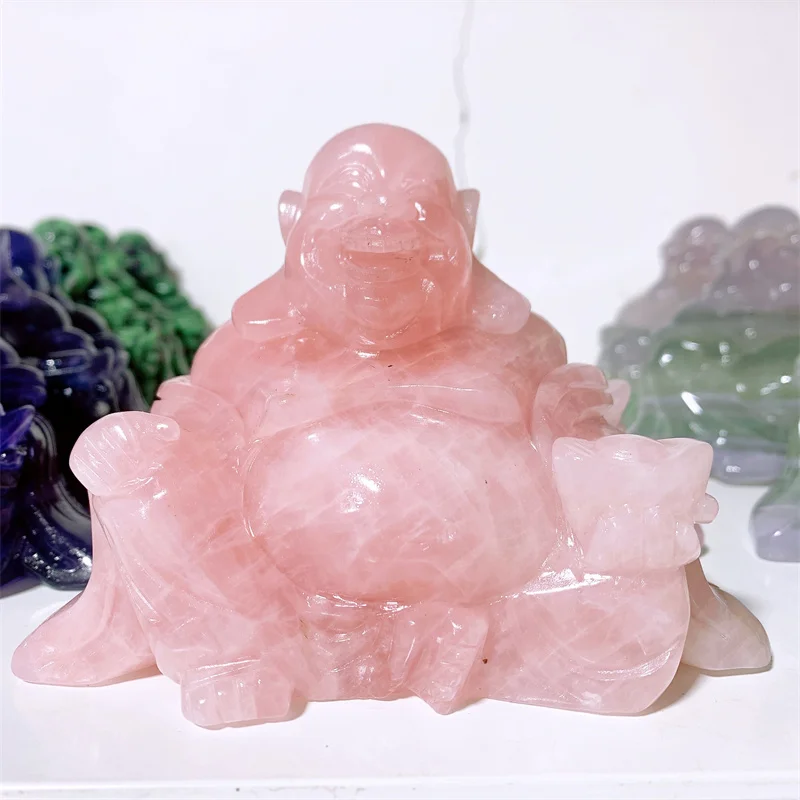 Natural Rose Quartz Maitreya Buddha Statue, Healing Crystal, Fengshui Fashion, Buddhism Home Decoration, Gift, 1Pc