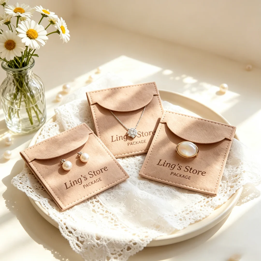 

50Pcs Peach Custom Logo Microfiber Jewelry Bag Velvet Envelope Pouches with Smile Cover Bracelet Packaging Pocket Wedding Favors