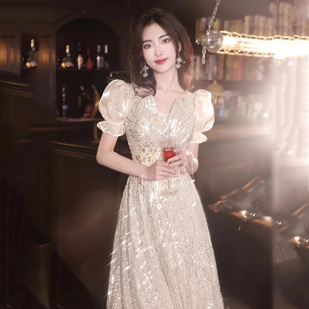 

Women Formal Gown Luxury Glitter Sequin Banquet Evening Dress French Style Shiny Blingbling Slim Long Dresses Party Club Wear