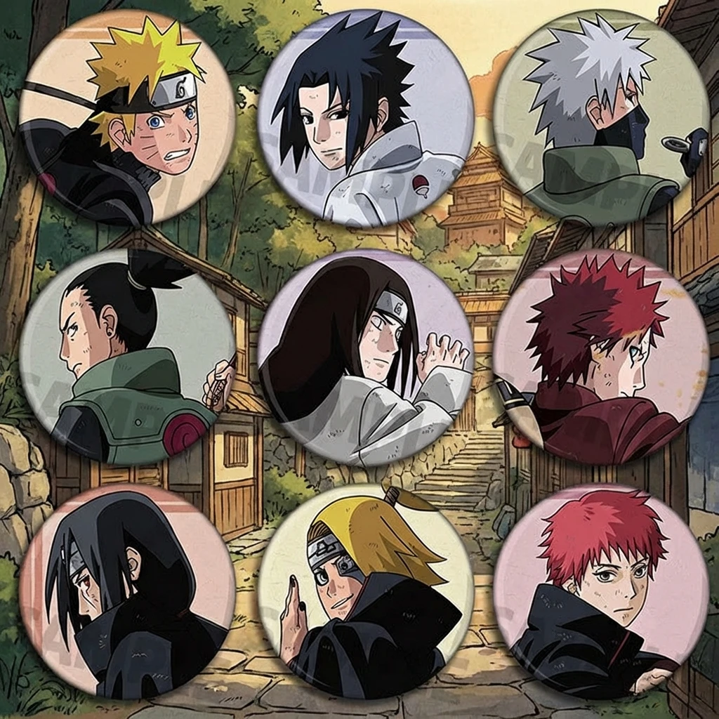 

Naruto Anime Badge Pin Set Kakashi Itachi Neji Brooch Shiny Film Button Collectible Merchandise Gift for Fans Cosplay Accessory