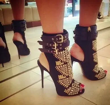 Gold Crystal Stud Embellished Short Ankle Boots Cut-outs Peep Toe Sandal Boots High Heels Summer Lady Suede Boots Shoes