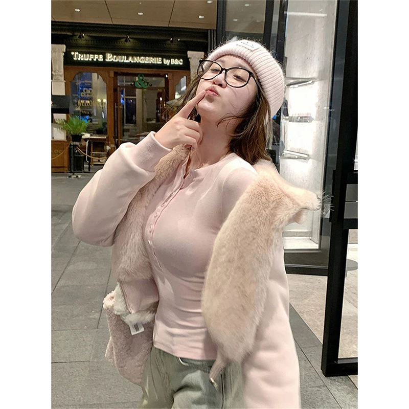 MEXZT Kawaii الوردي هوديس المرأة Harajuku Cutecore اقتصاص الصوف قمصان سويت شيرت بقلنسوة الشتاء موضة الشارع الشهير سستة جاكيتات جديد