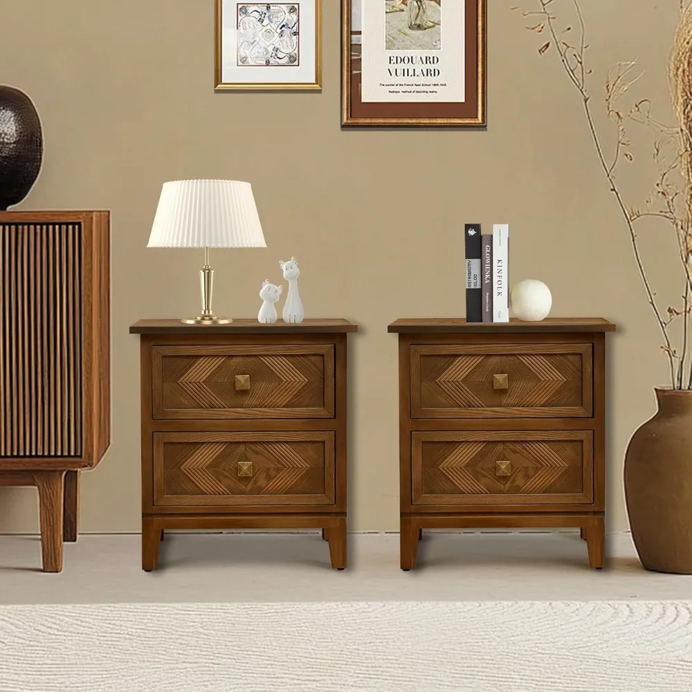 

with 2 Drawers Set of 2, Wood End Table Vintage Bedside Table, Living Room, Rustic Brown, Nightstands