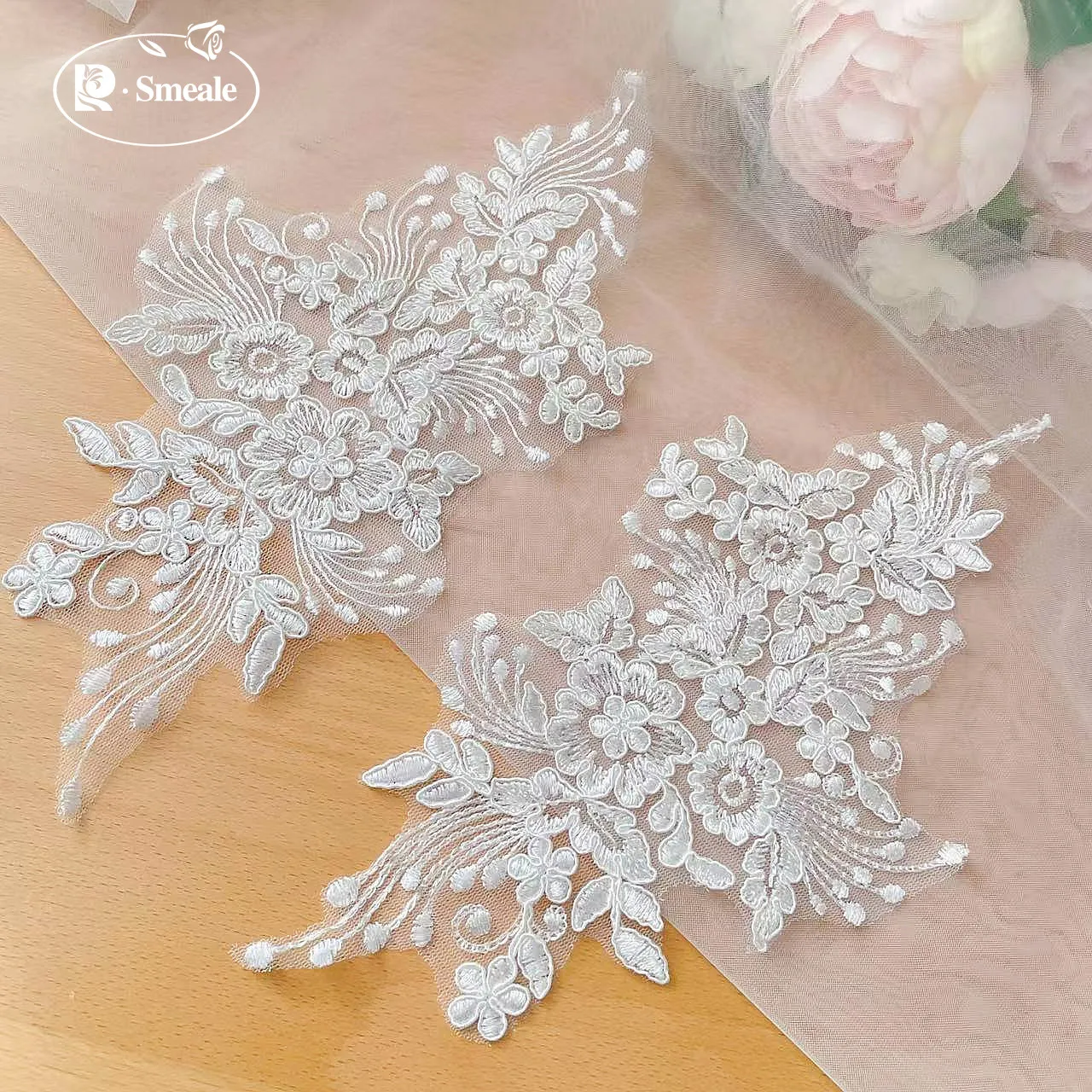 10 Stück = 5 Paar Neues Design Spitzen-Hochzeitsschleier-Applikation Braut-Kopfschmuck Kragen Spitzenstoff-Aufnäher Handgemachtes DIY-Zubehör RS898 – Detail 7
