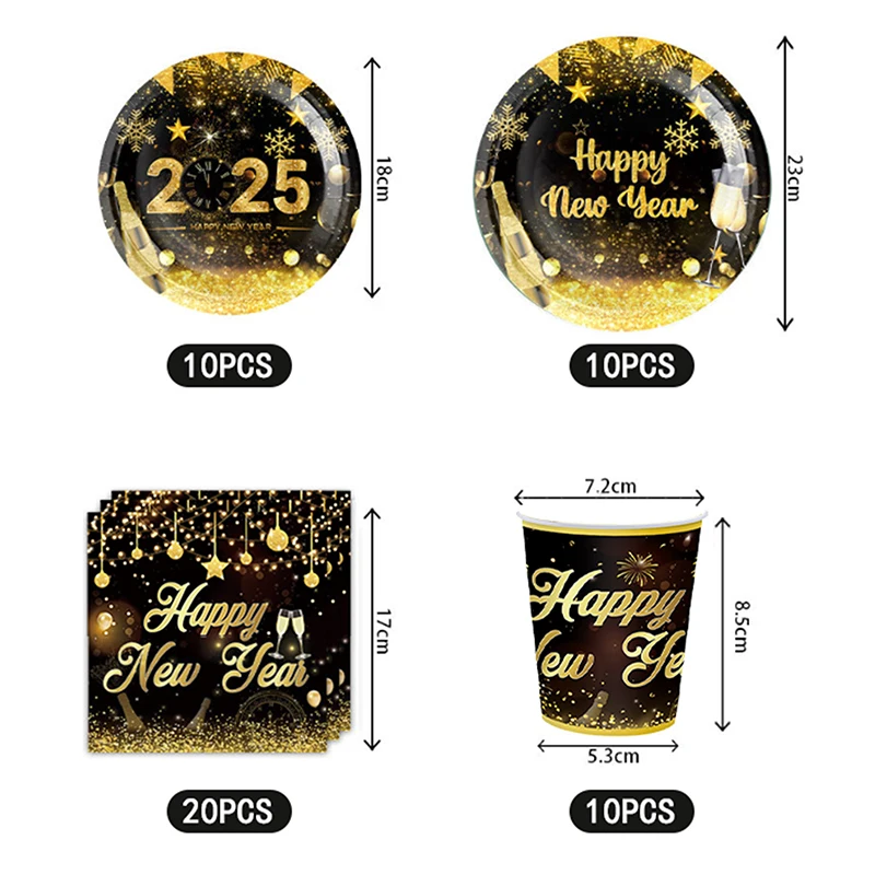New Years Eve บนโต๊ะอาหาร 2025 Gold และ Black กระดาษทิ้งแผ่นถ้วยผ้าเช็ดปาก New Year Party อุปกรณ์ตกแต่ง