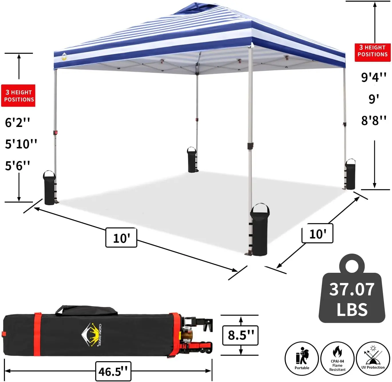 Toldo emergente de 10x10, carpa de playa con configuración de un solo empuje, parasol al aire libre para eventos, fiestas, Camping, bolsa de cubierta sto-n-go