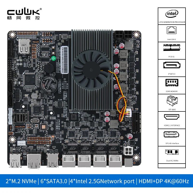 12th i3-N305 N100 NAS Motherboard 6-Bay DC Power 2xM.2 NVMe 6xSATA3.0 PCIE X1 4x i226-V 2.5G LAN DDR5 ITX Mainboard