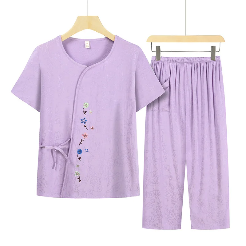 Summer Two Piece Home Wear Women Set Thin Sleeping Cotton Pajamas Female Short Sleeve Cropped Pant Suit Homewear Clothing