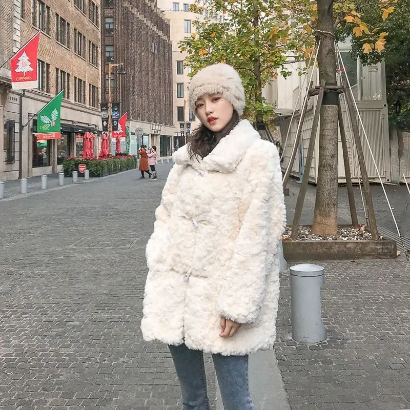 Lamb Fleece Faux Fur Coats Women 2024 Autumn Winter Trendy Coat Mid-length Beard Buckle Rex Rabbit Fur Jackets Womens Clothes