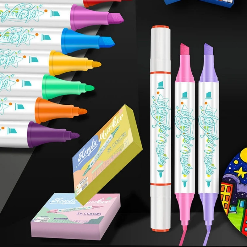

24/36/48Colors Acrylic Marker Dual Tips Painting Pens Waterproof Quick Drying Art Colored Markers Student Children Color Pen Set
