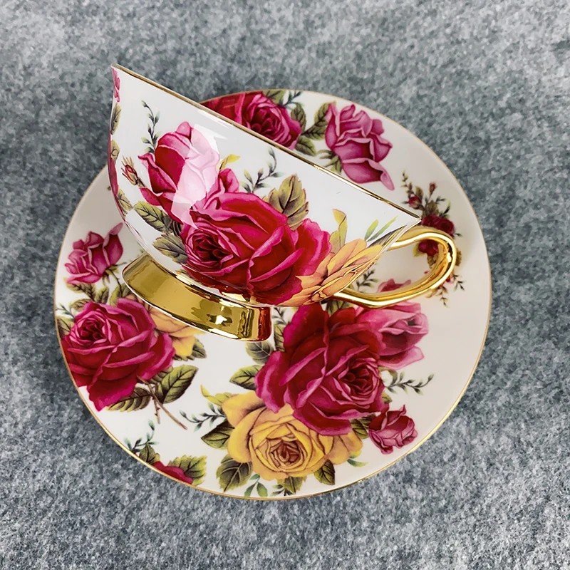 British Bone China Tea Cup Beautiful Flower Tea Cup Flower Pattern Set Rose Pattern High Foot Ceramics Mug Birthday Day Gift