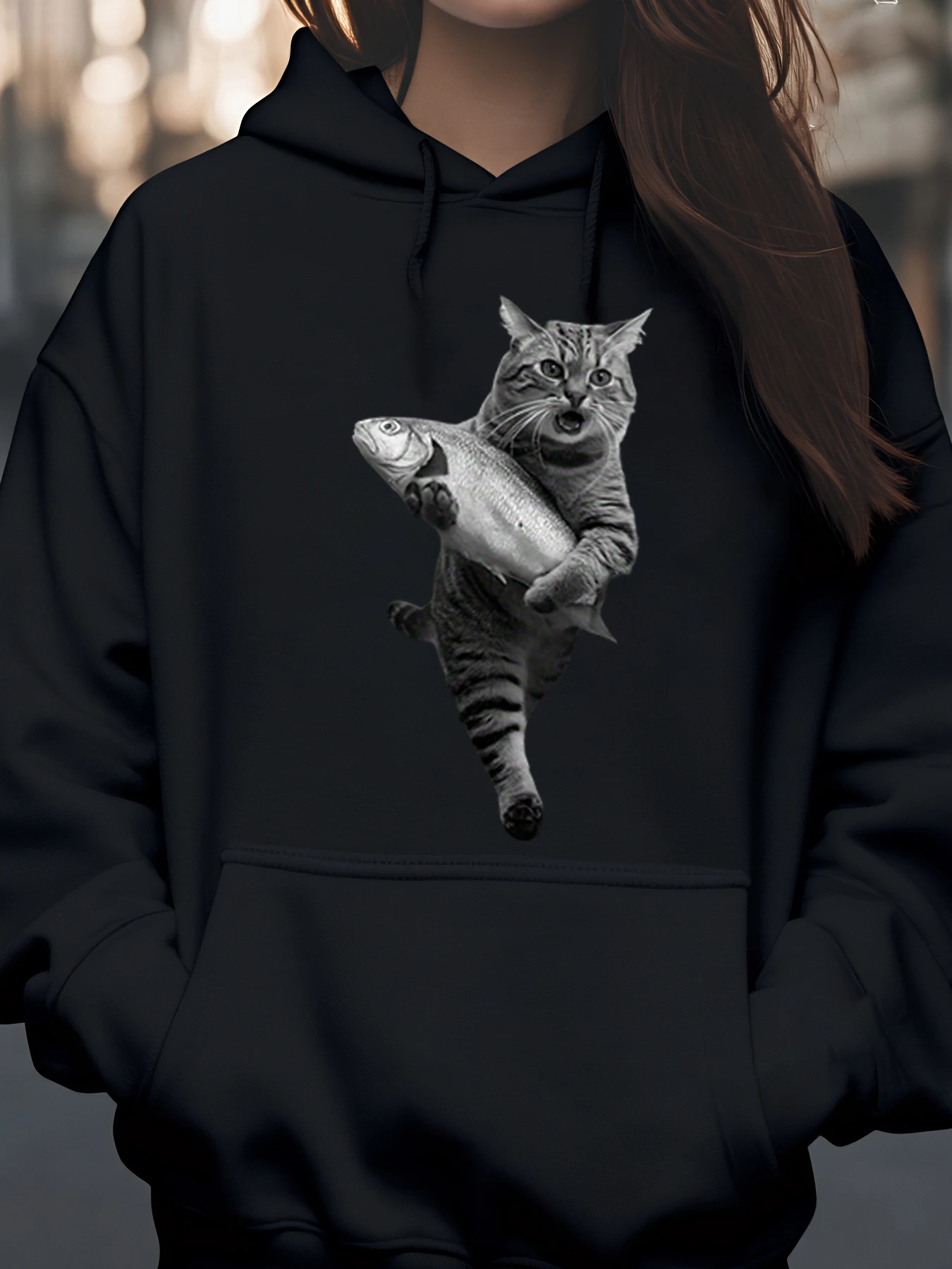 

Толстовка с принтом кота держит рыбу, повседневная одежда на Хэллоуин, женская мода