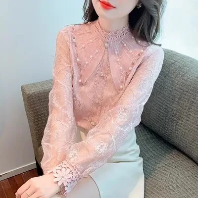 French Elegant Lace Shirt 2022 New Fall Women Clothing Luxury Chic Beads Embroidery Cute Doll Collar Long Sleeve Blusas Top Lady