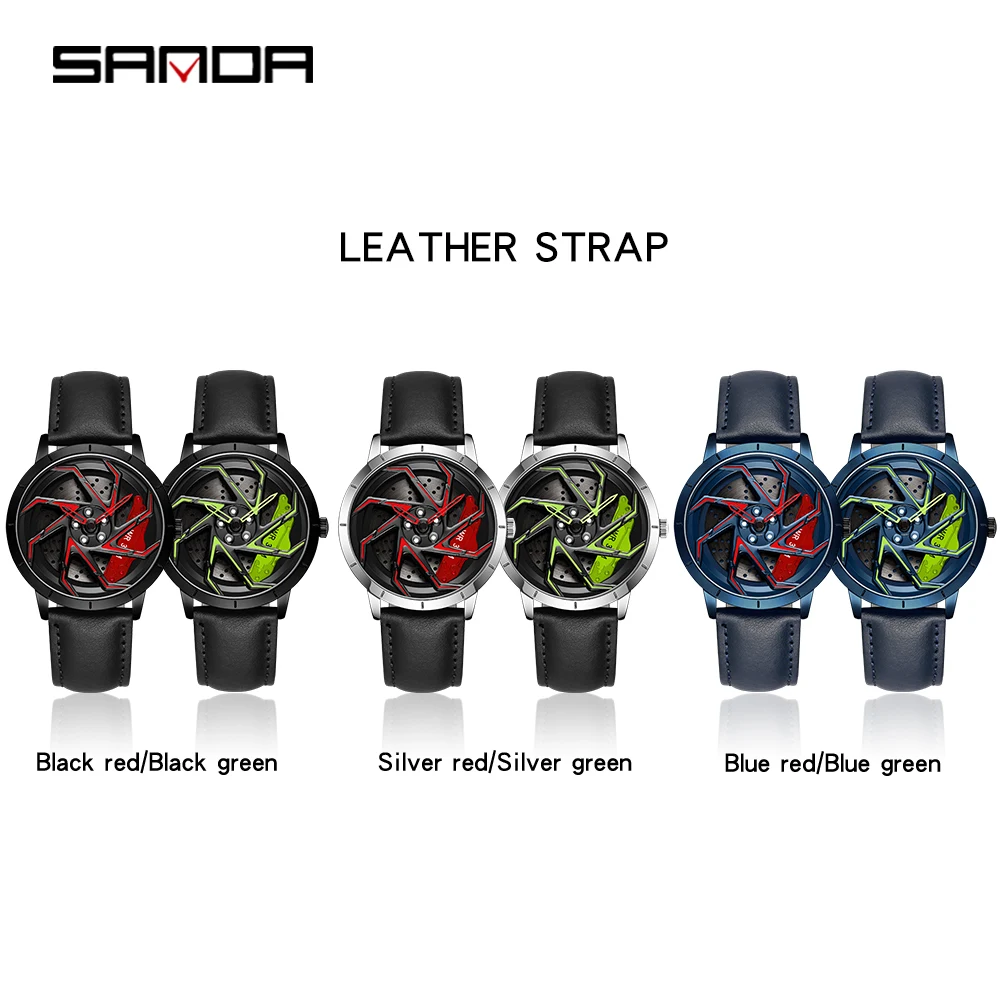 SANDA New Fashion Hot Sell Men\'s Watch 360 Degree Rotating Wheel Rim Dial Leather Strap Waterproof Sport Quartz Watch Tide Clock