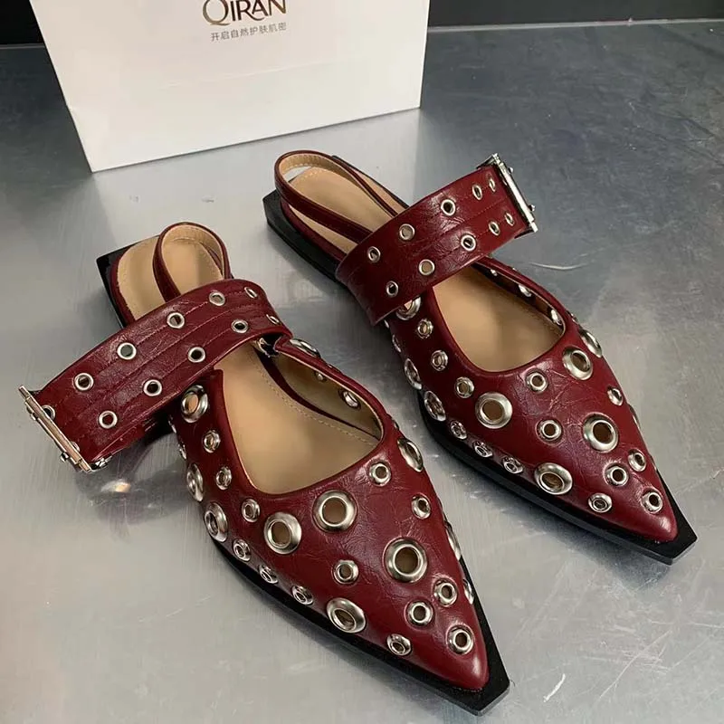 Fashion Women Flats Shoes For Sandals Luxury Footwear Metal Buckle Wine Red Female Casual Slingback Ladies Sandals Shoes Mules