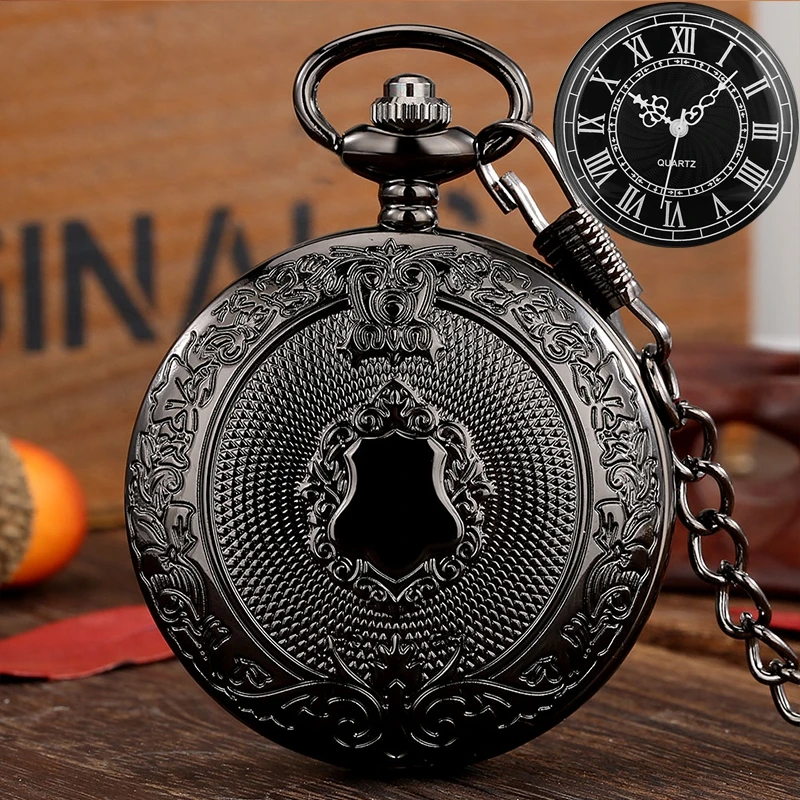 Vintage Handcrafted Carved Shield Design Gentleman's Waistcoat Quartz Pocket Watch Steampunk Clock for Men with Waist Hook Chain