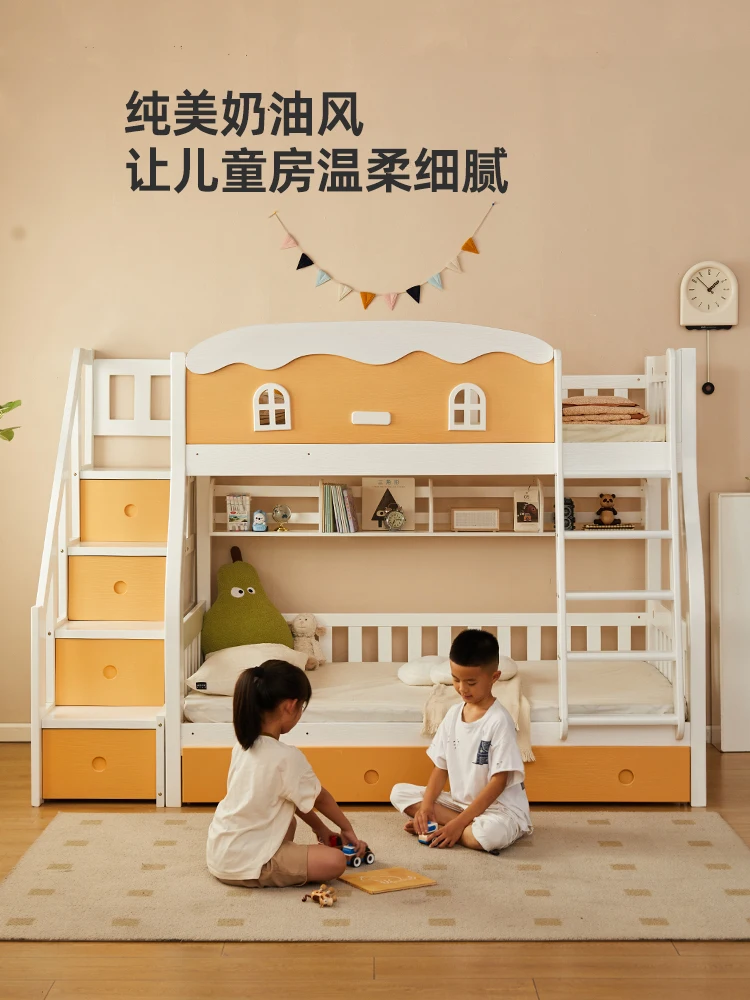 

High and low upper and lower bunk Solid wood children's Raised guardrail upper and lower Mother and child be