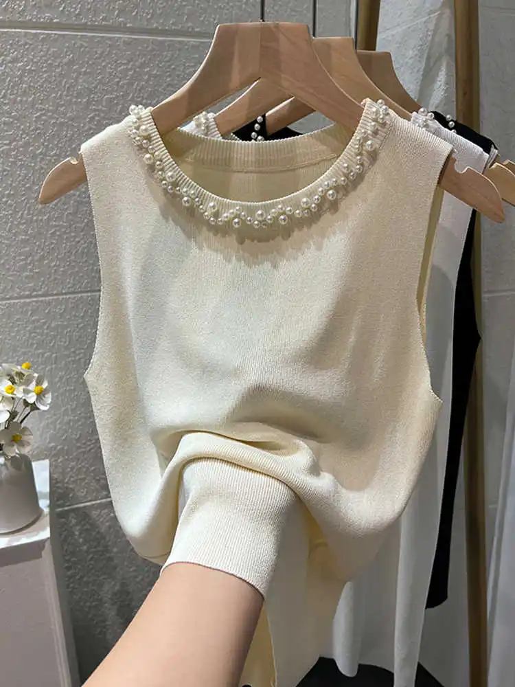 2026 New Summer Slim Thin Ice Silk Knit Vest White Women Camisole Trendy Beaded Decor O-Neck Sleeveless Tank Top