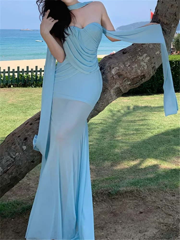 Abito lungo estivo senza spalline blu sirena splendido Spice Girl Slash Neck aderente abito da sera trasparente a coda di pesce da spiaggia in rete