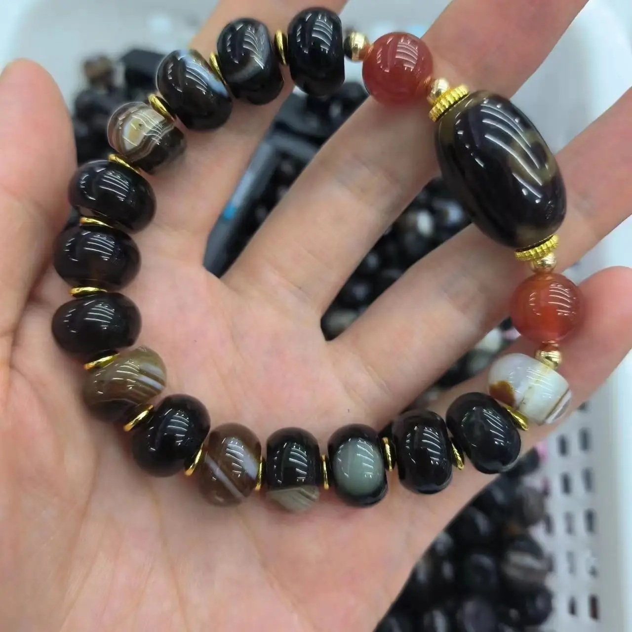 1pcs/lot Natural striped Agate abacus Bead Bracelet With three eyed dzi retro ethnic style gem jewelry amulet folk-custom taki