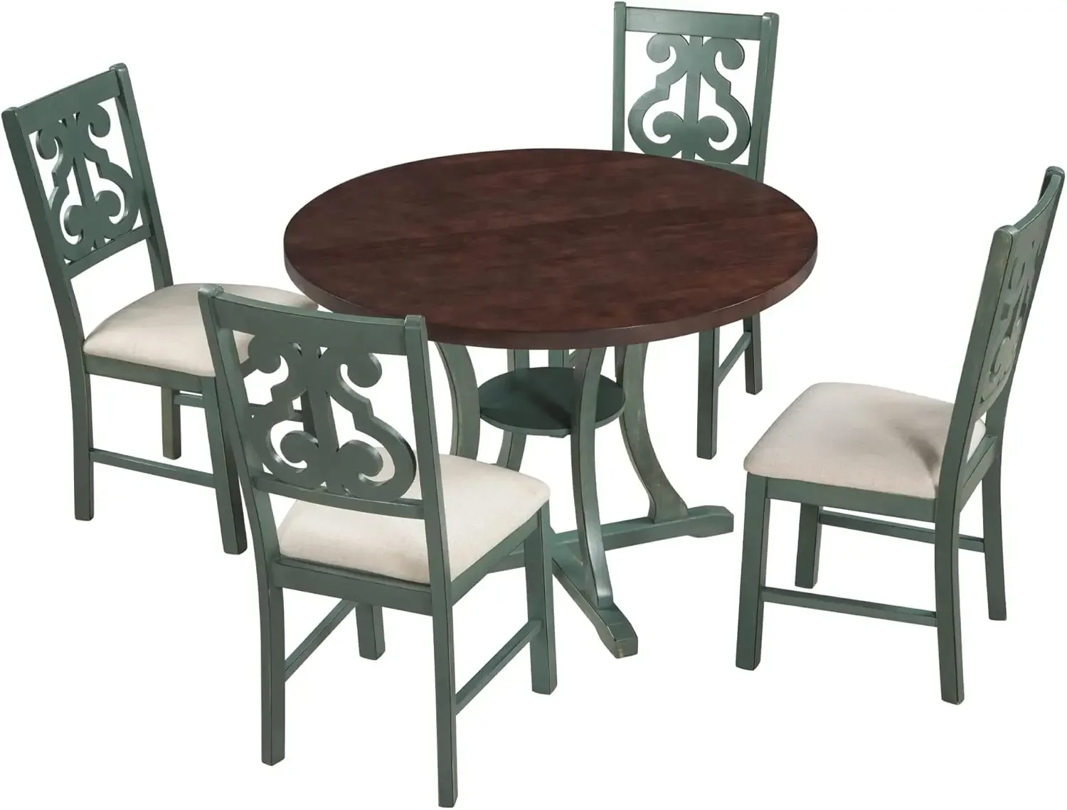 Vintage Round Dining Table and Chairs, 5-Piece Kitchen Dining Room Table Set with Middle Open Shelf and Fabric Padded Seat