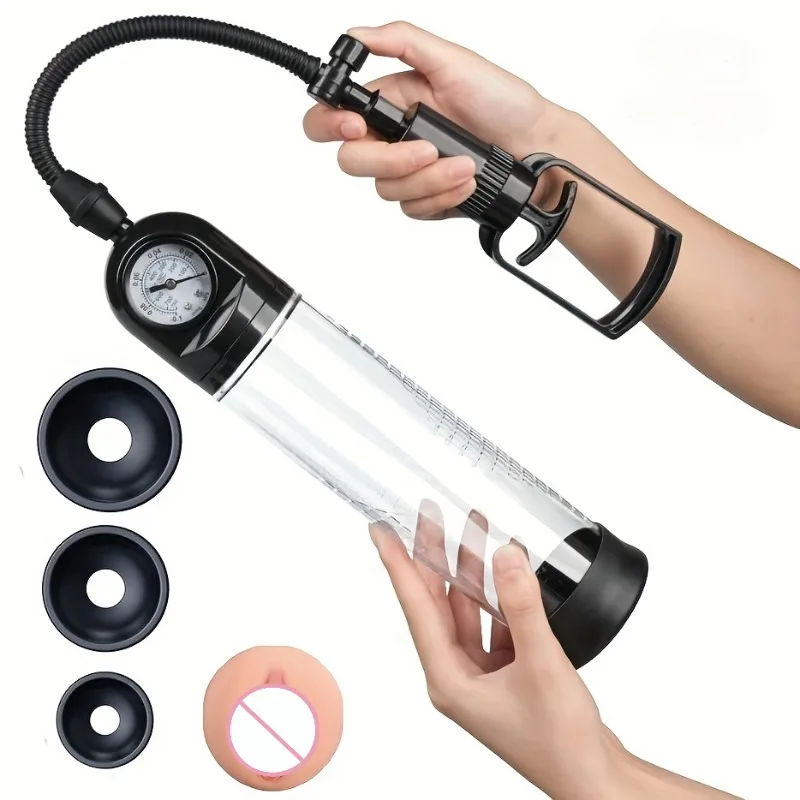 Vacuum Pump Toys for Men with Pressure Gauge Including 1 Realistic Vaginal Sleeve and 3 Silicone Sets for Male Penis Pump view 2