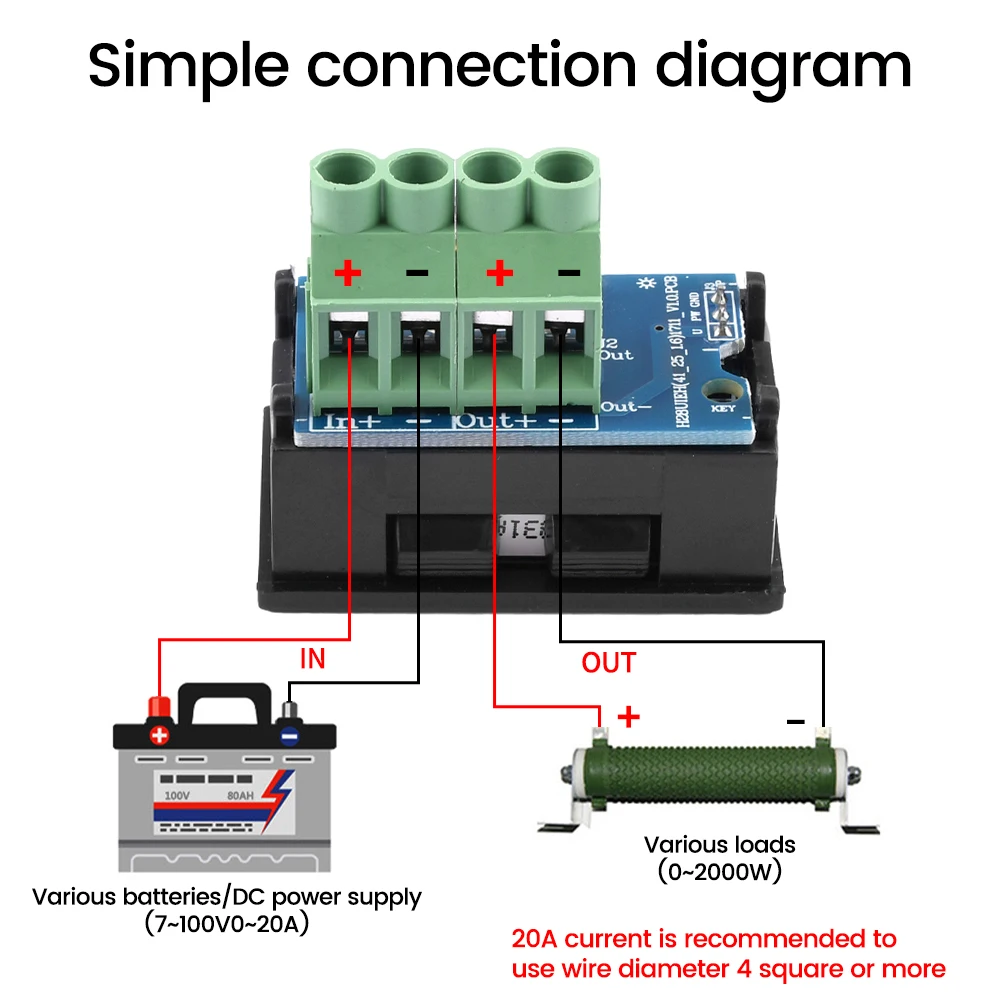 Imagem -03 - Amperímetro de Tensão com Display Digital Led Voltímetro de Alta Precisão Monitoramento em Tempo Real Instrumentos Elétricos Dc7v100v 20a 50a