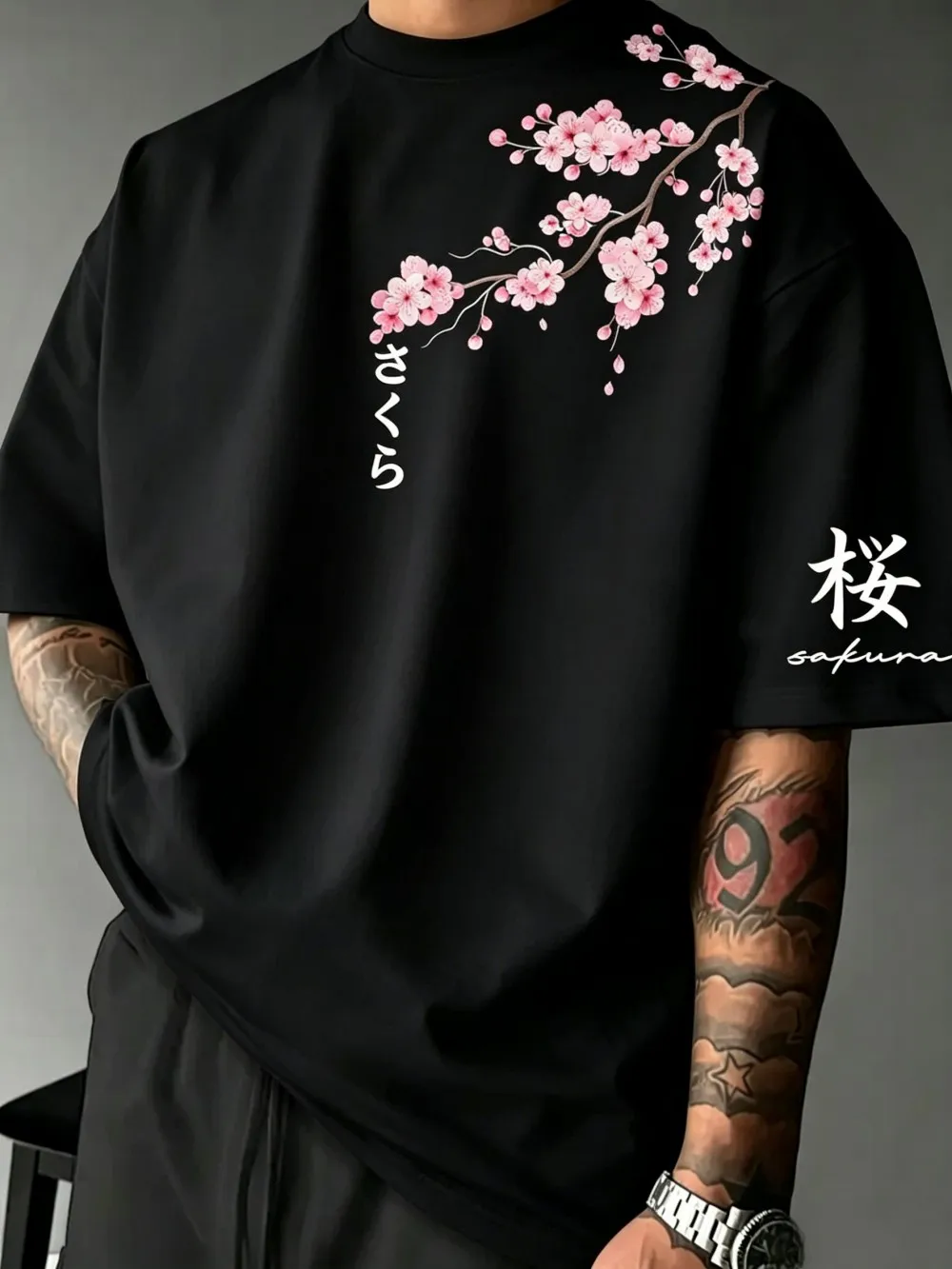 American Fashion Men's Summer Cherry Blossom Letter Print Comfortable Breathable Round Neck T-shirt Outdoor Street Top