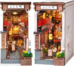 Robotime Sakura Wine Alley DIY Booknook with Lights DIY Miniature Dolls House Kit 3D Wooden Puzzle Bookend Bookshelf Decor Gift