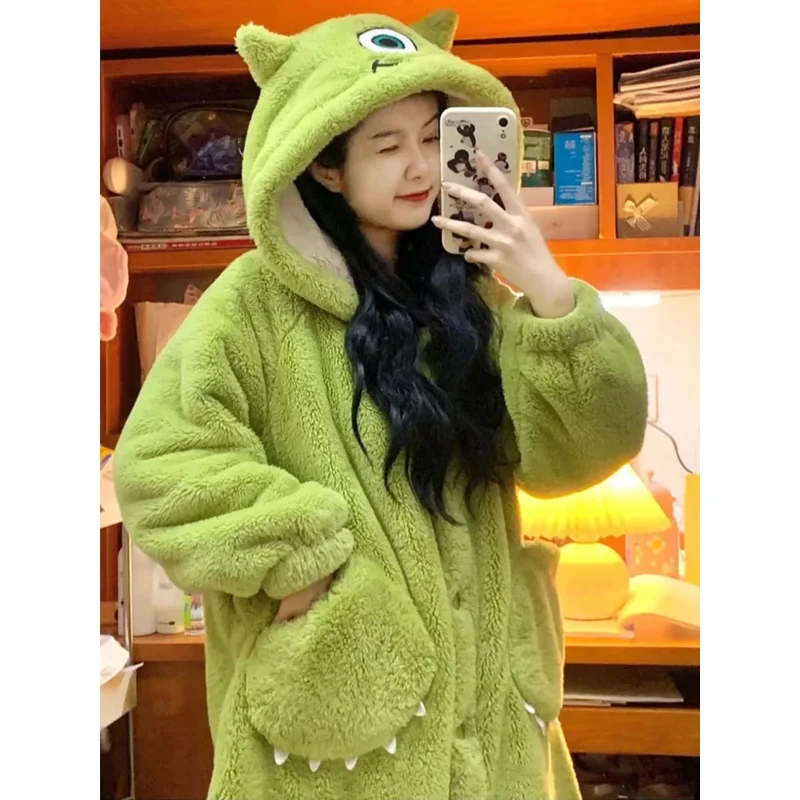 Women Winter Warm Fleece Nightgown Green Lovely Plush Robes Flannel Sleepwear Cute Kawaii Cartoon Pajama Set Homewear Nightwear