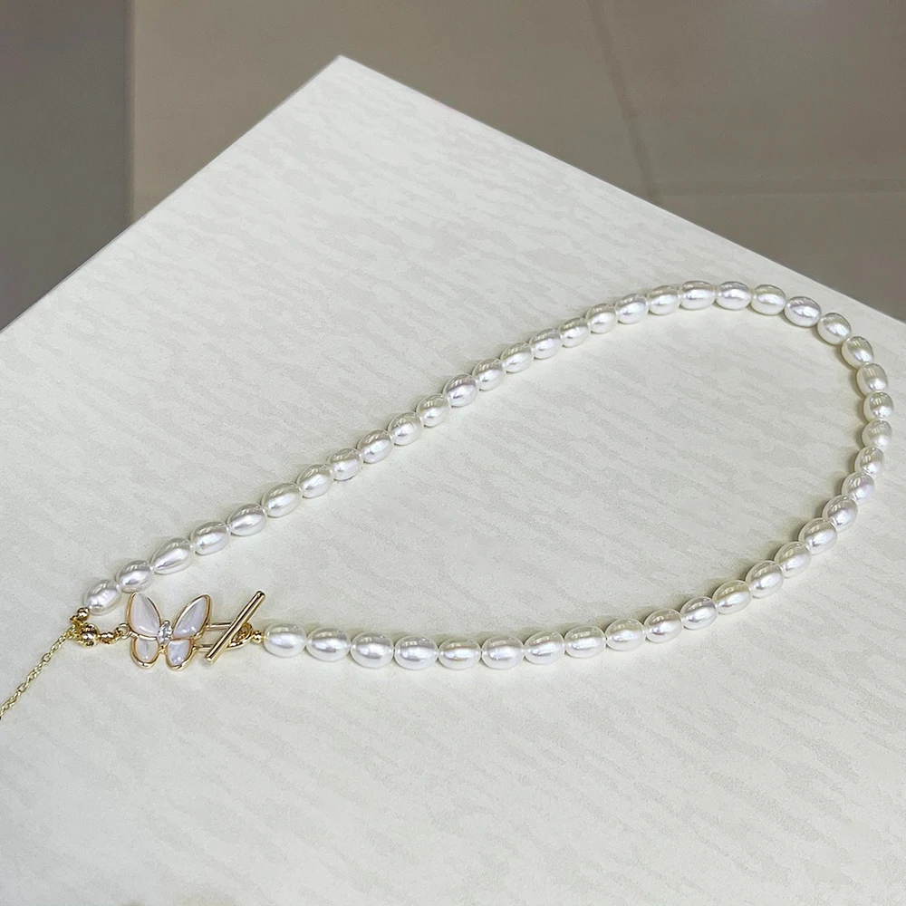 7-8mm Creamy White Natural Freshwater Pearl Choker Necklace with Sexy and Beautiful Mother of Pearl Butterfly 38+8cm Adjustable