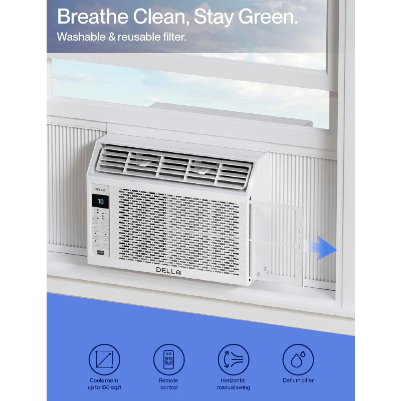 مكيف هواء نافذة ذكي DELLA 5000 BTU متوافق مع Alexa، يبرد حتى 150 متر مربع. قدم، وحدة تيار متردد للغرفة الصغيرة مع موقع GEO