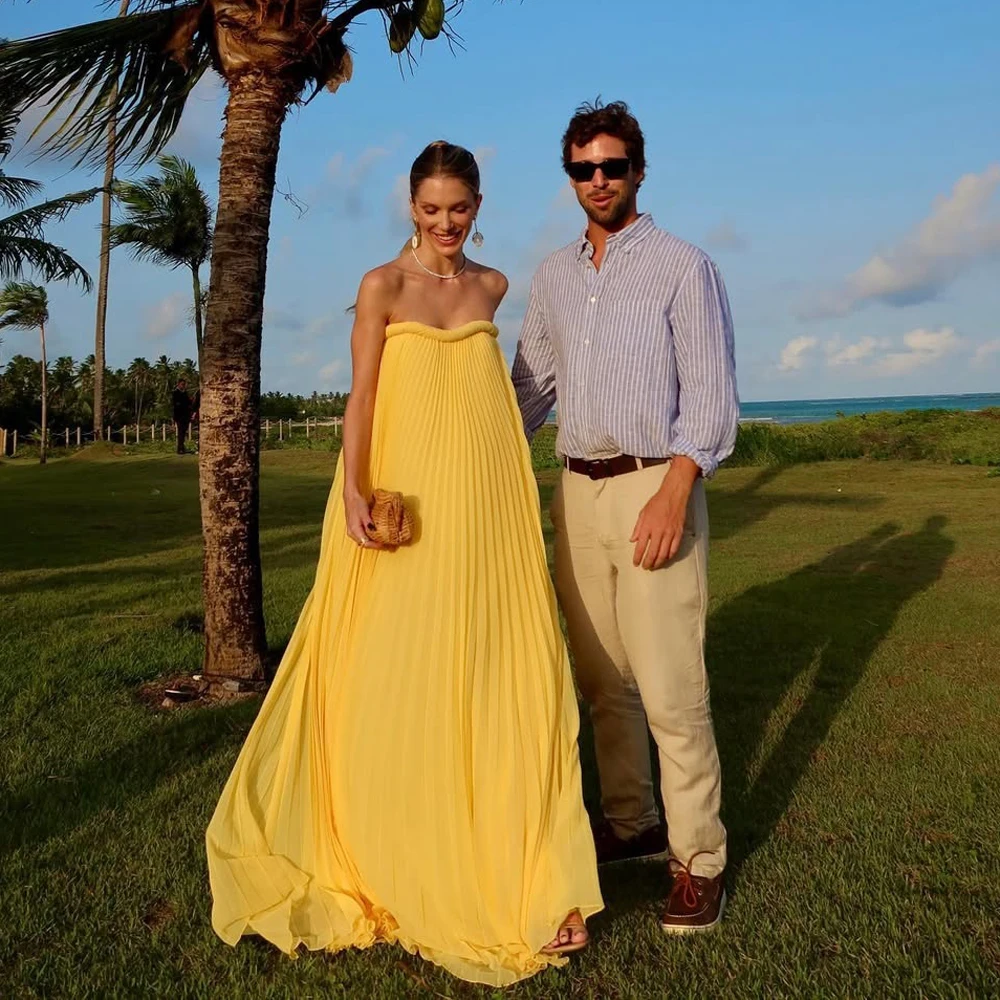 Dreamlike Yellow Holiday Dress 2025 Summer Pleated Chiffon Long Formal Party Dresses Beach Boho Bridal Dress Prom Gown Custom